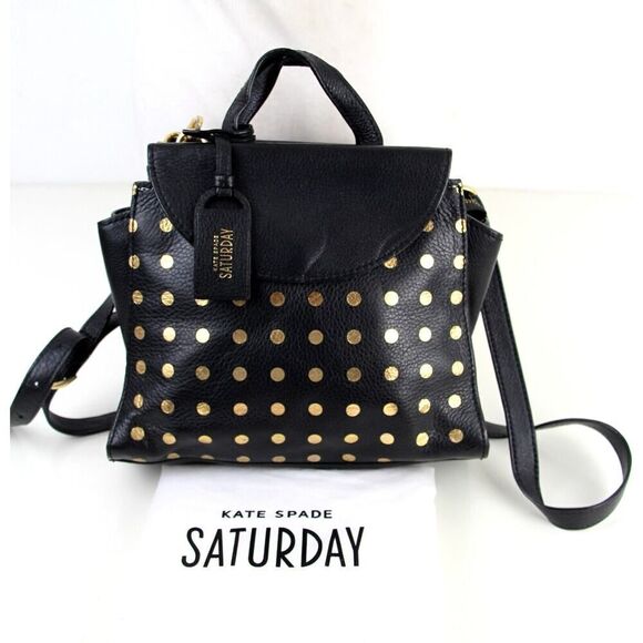 kate spade Saturday BLACK LEATHER POLKA DOT SHOULDER BAG XBODY SATCHEL PURSE - Picture 1 of 16